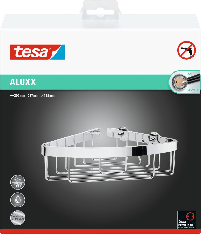 tesa® Eck-Duschablage, einstöckig, Aluminium, verchromt, Klebelösung