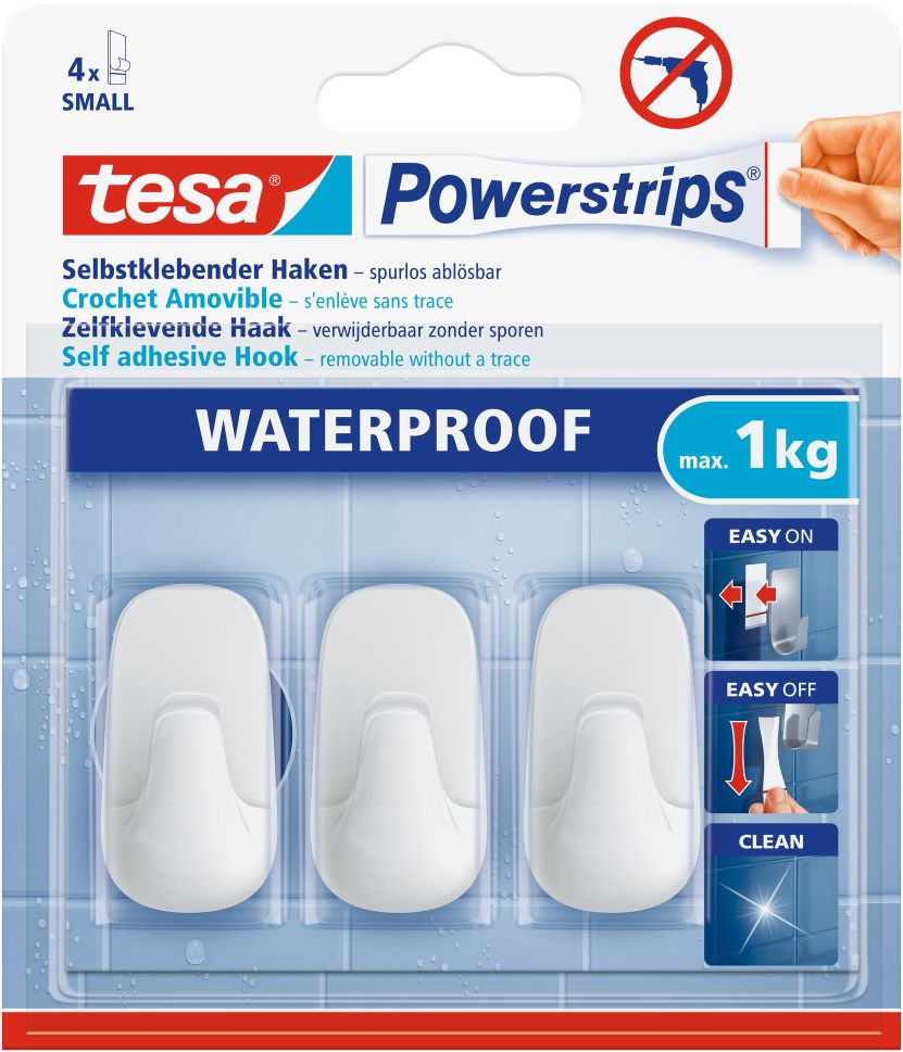tesa® Powerstrips® Waterproof Haken Small Plastik weiß, 3 Stück