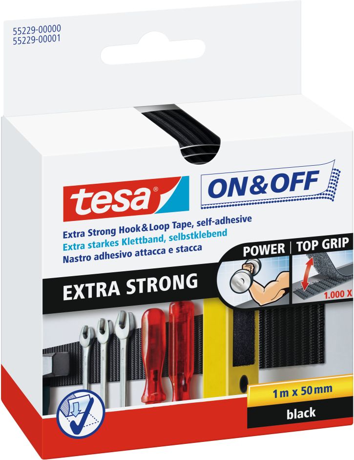 tesa® On & Off® Extra Strong Klettband, schwarz 1 m x 50 mm
