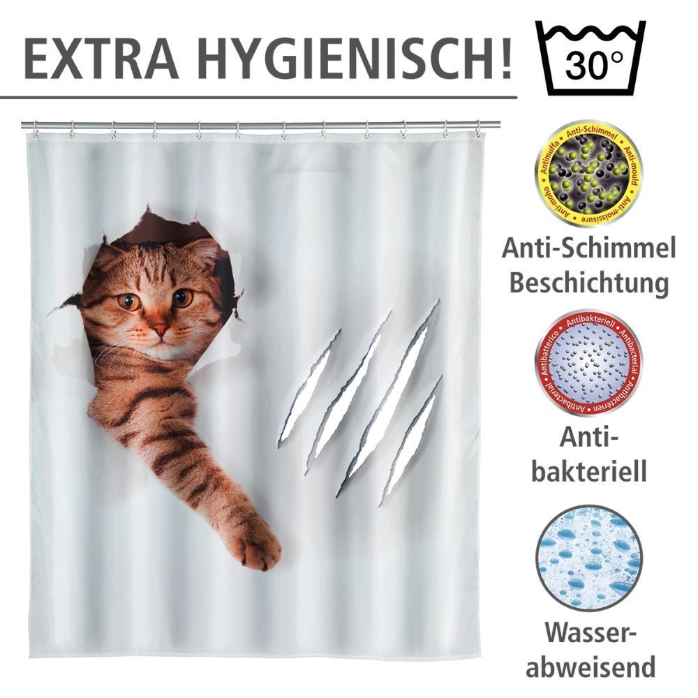 WENKO Duschvorhang Cute Cat, Polyester, 180 x 200 cm, waschbar