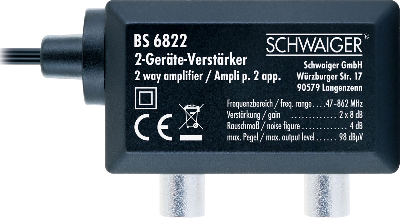 SCHWAIGER Zweigeräteverstärker (2x 8 dB), 1,5 m, Schwarz/Silber